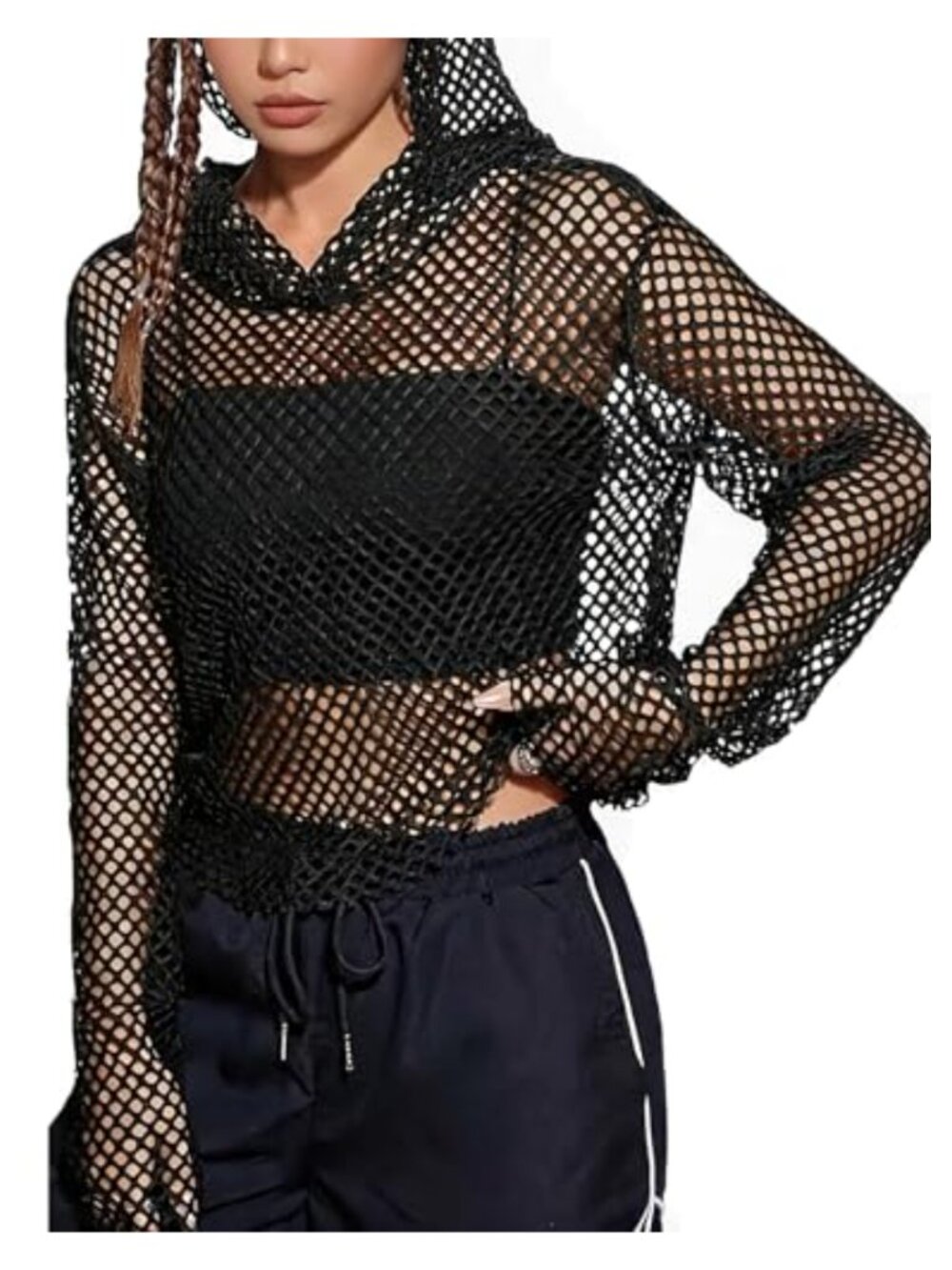 Avidlove Fishnet Top Hoodie Long Sleeve Mesh Shirt Pullover Rave Festival
